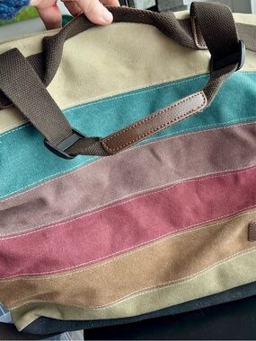 Striped Canvas Weekend Bag in Teal, Burgundy & Brown